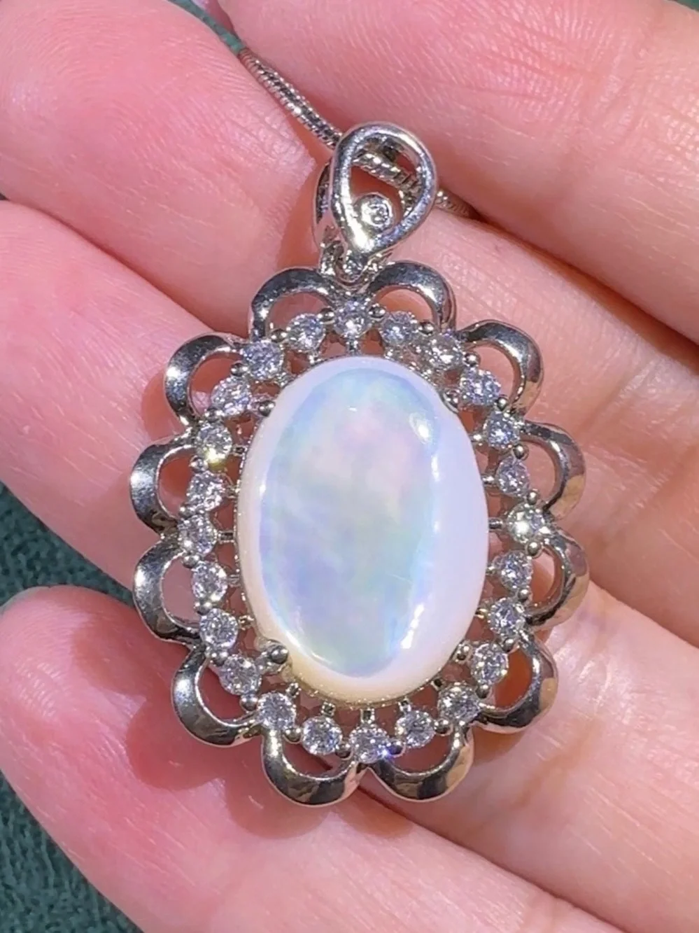 Vintage Mother of Pearl CZ Halo Pendant Necklace